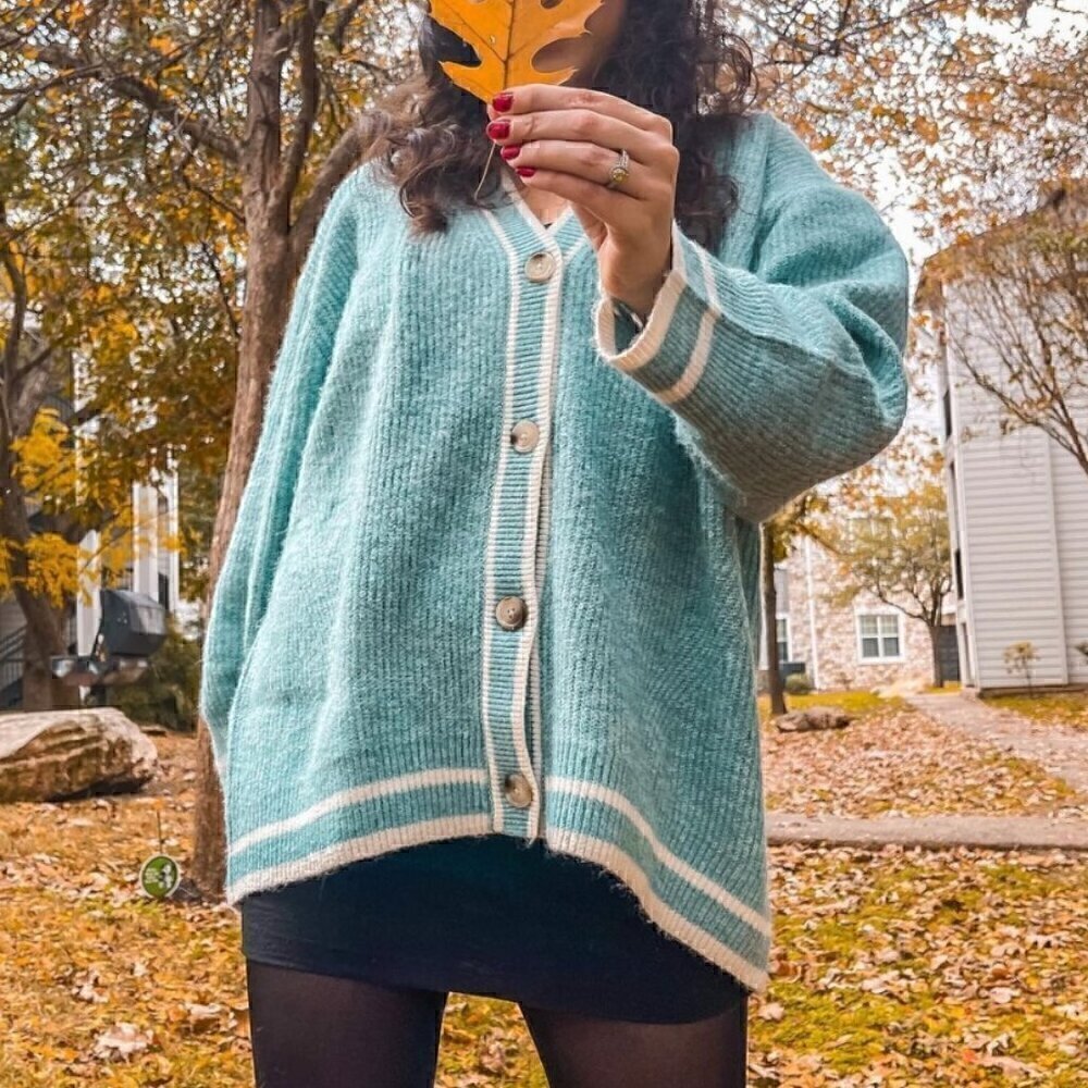 A NEW DAY Button Front Cardigan Light Blue White Varsity Stripe Preppy Sweater M